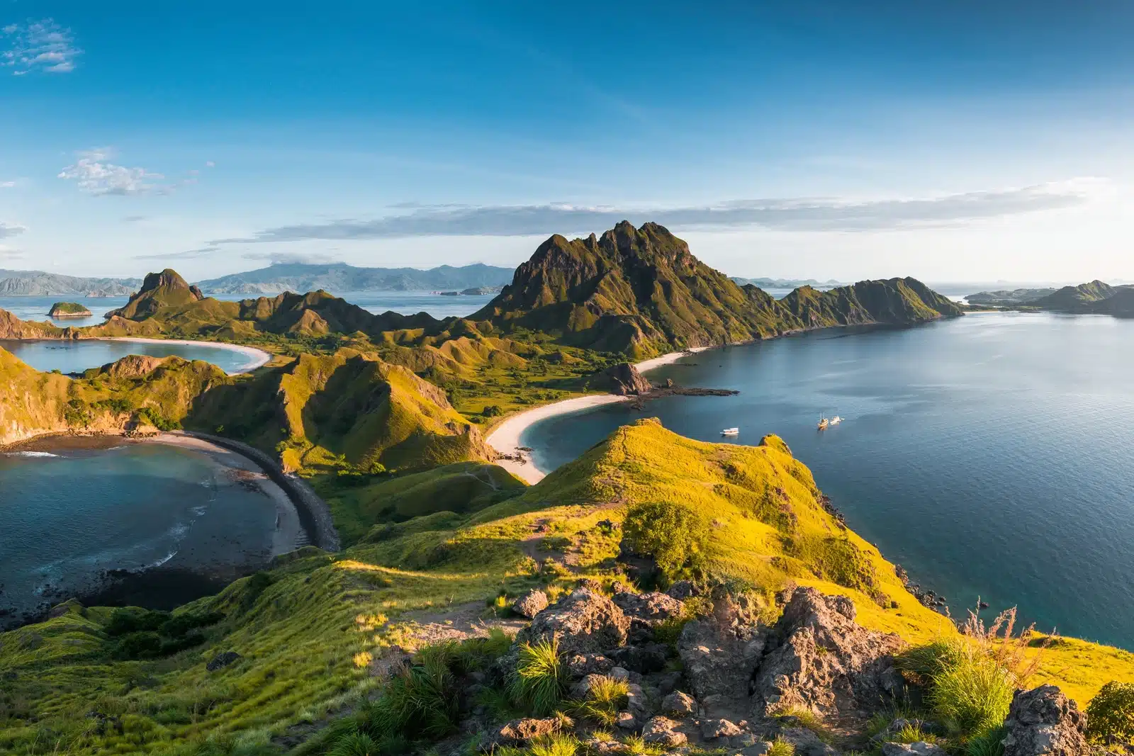 Panoramic view from Padar Island's summit over three bays in Komodo National Park