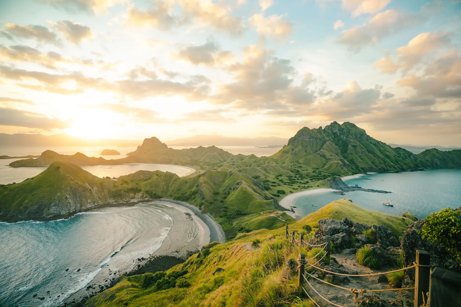 Komodo National Park limestone islands and turquoise water at dusk, seen from Otium's deck