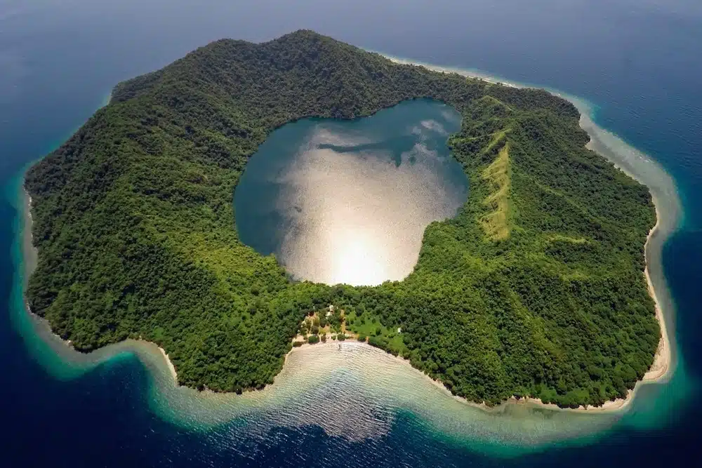 Satonda Island's volcanic crater lake at dusk, Sumbawa